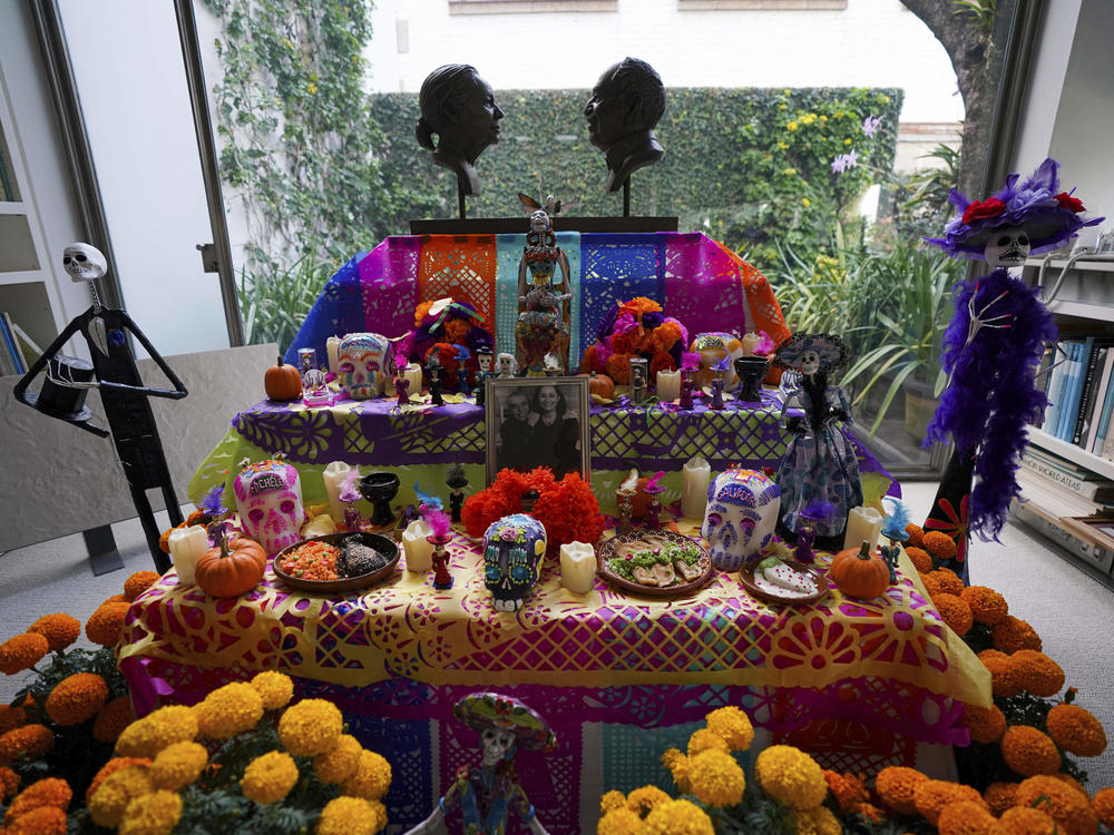 An altar for Gabriel Garcia Marquez and his wife Mercedes Barcha is set up in the studio of their home in Mexico City on Oct. 27, 2021. Day of the Dead, or <em>Día de Los Muertos</em>, the annual Mexican tradition of reminiscing about departed loved ones with colorful altars, or ofrendas, is celebrated annually Nov. 1. Garcia Marquez died on April 17, 2014 and Mercedes died on Aug. 15, 2020.