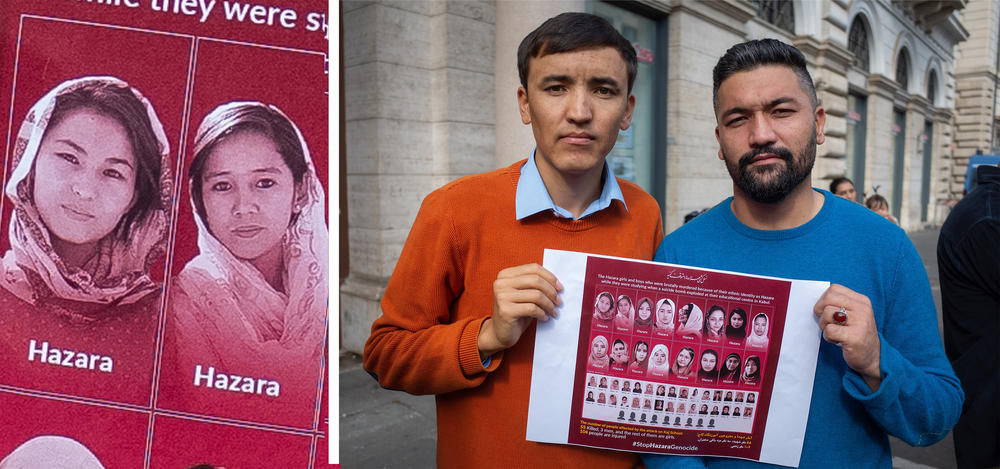 Mohammad Jan Azad (left) and Hamidullah Hussaini (right), hold a poster with faces of the girls killed in a suicide attack at the Kaaj Learning Center in an ethnic Hazara section of Kabul. I recognized the two young women in the upper left corner. A week before, I'd edited the photos for an NPR story about Marzia Mohammadi (left) and her cousin, Hajar Mohammadi. Hussaini was their math teacher.