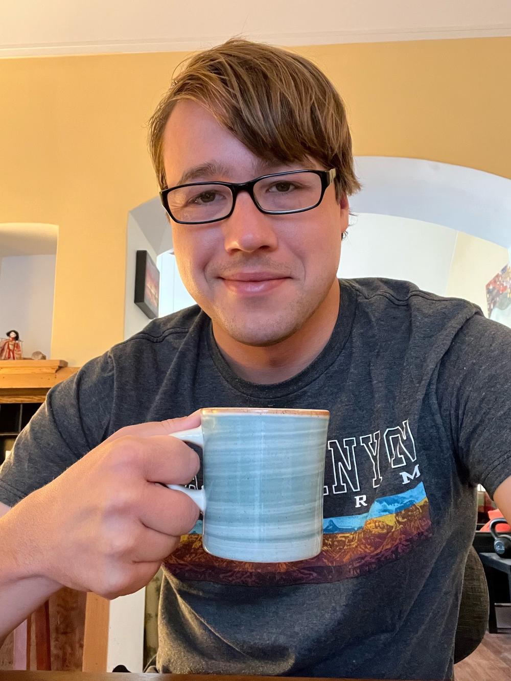 Luke Simmons, 29, starts every morning with a cup or two of black coffee, usually Folgers.