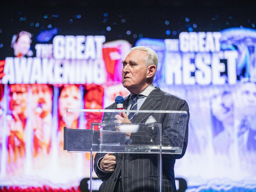 Former Trump political advisor Roger Stone speaks during the ReAwaken America Tour held at the Spooky Nook Sports complex in Manheim, Pa. on Friday, Oct. 21, 2022.