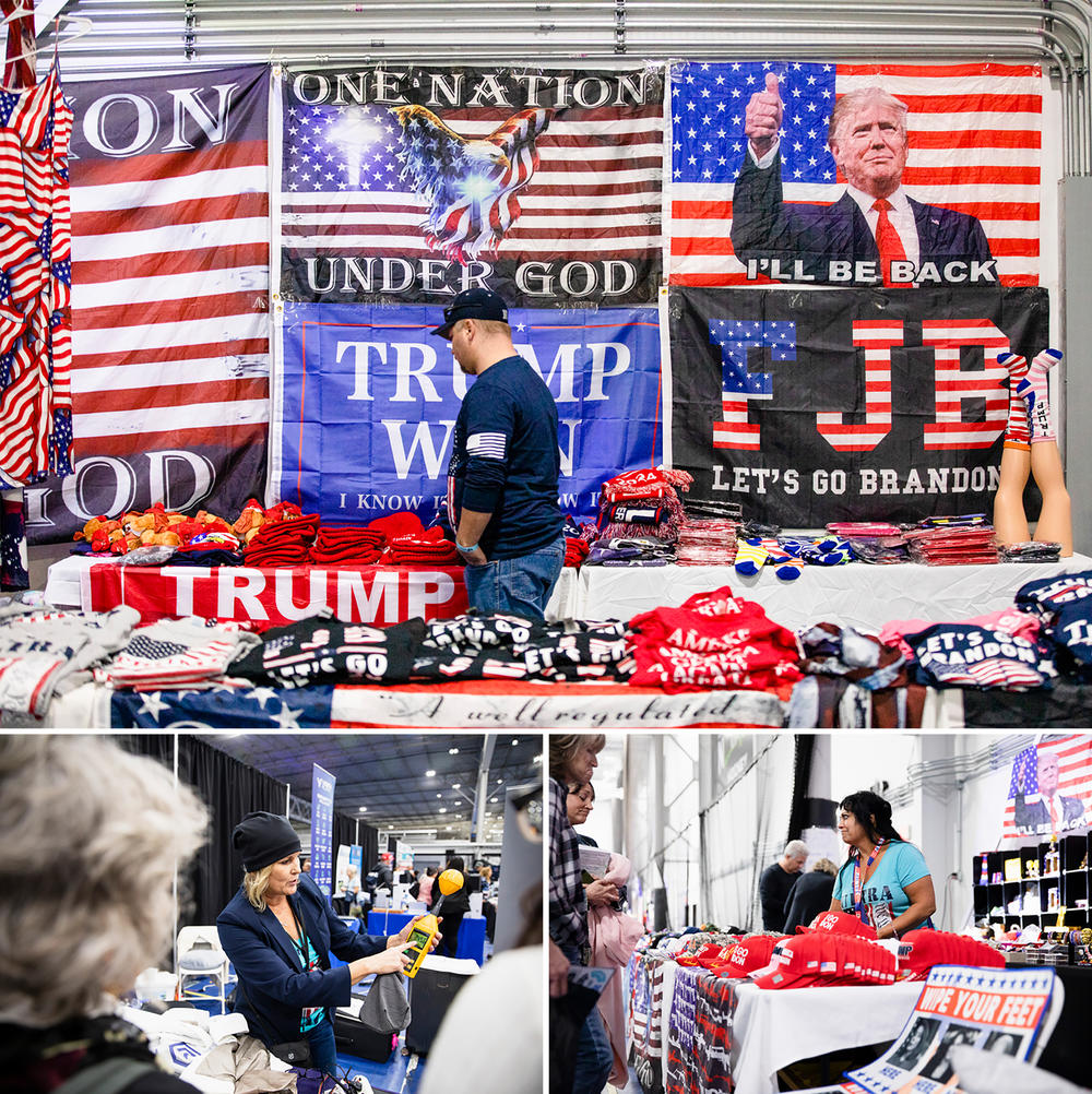 <strong>Top:</strong> MAGA themed goods are sold. <strong>Bottom left:</strong> Gina Paeth, founder & CEO of Redemption Shield, demonstrates how her product decreases radiation from everyday electronics. <strong>Bottom right:</strong> Sandy sells MAGA themed goods.