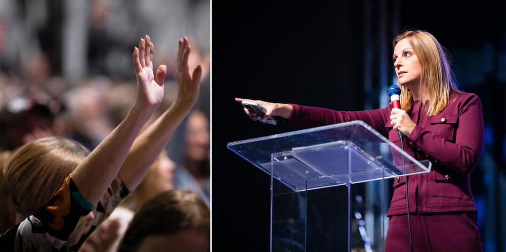 <strong>(Left):</strong> Attendees respond as Julie Green preaches. <strong>(Right):</strong> Julie Green preaches during the ReAwaken America Tour held at the Spooky Nook Sports complex in Manheim, Pa. on Friday, Oct. 21, 2022.