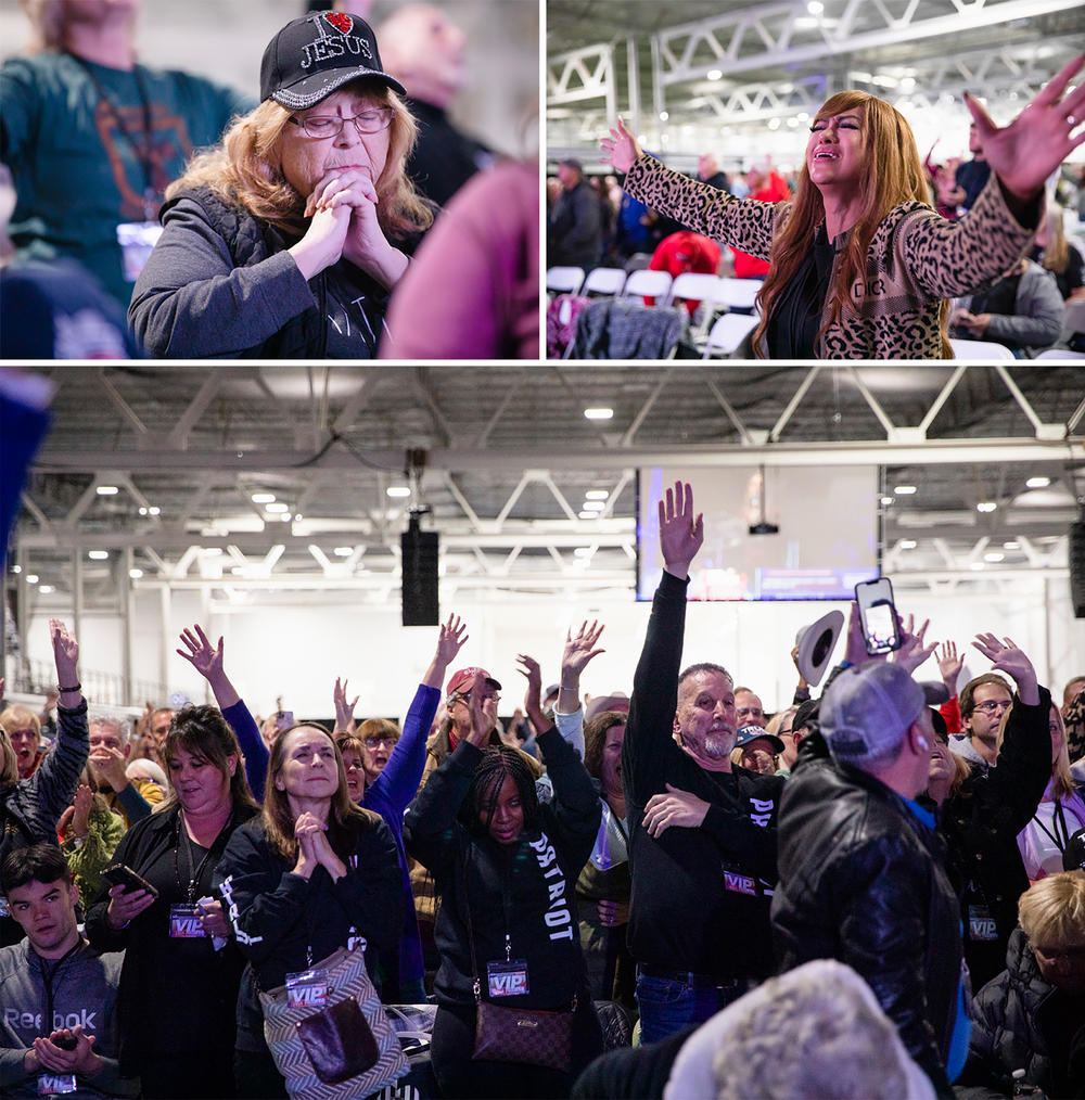 <strong>Top:</strong> Donna Miller (left) and Ruth Hillary pray during the morning musical performance <strong>Bottom:</strong> Attendees respond to a call for group prayer.
