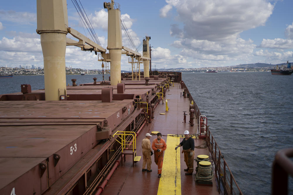 Crew members of the Tzarevich ship prepare for inspection. Inspections can take up to four hours per ship, according to U.N. inspector Cristian Santos. The teams look for weapons, exports of other items not in the agreement — and stowaways.