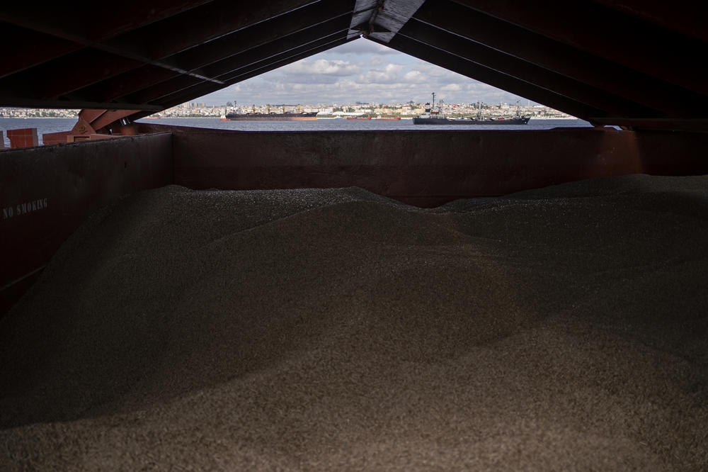 Sunflower meal in the storage area of the Tzarevich.