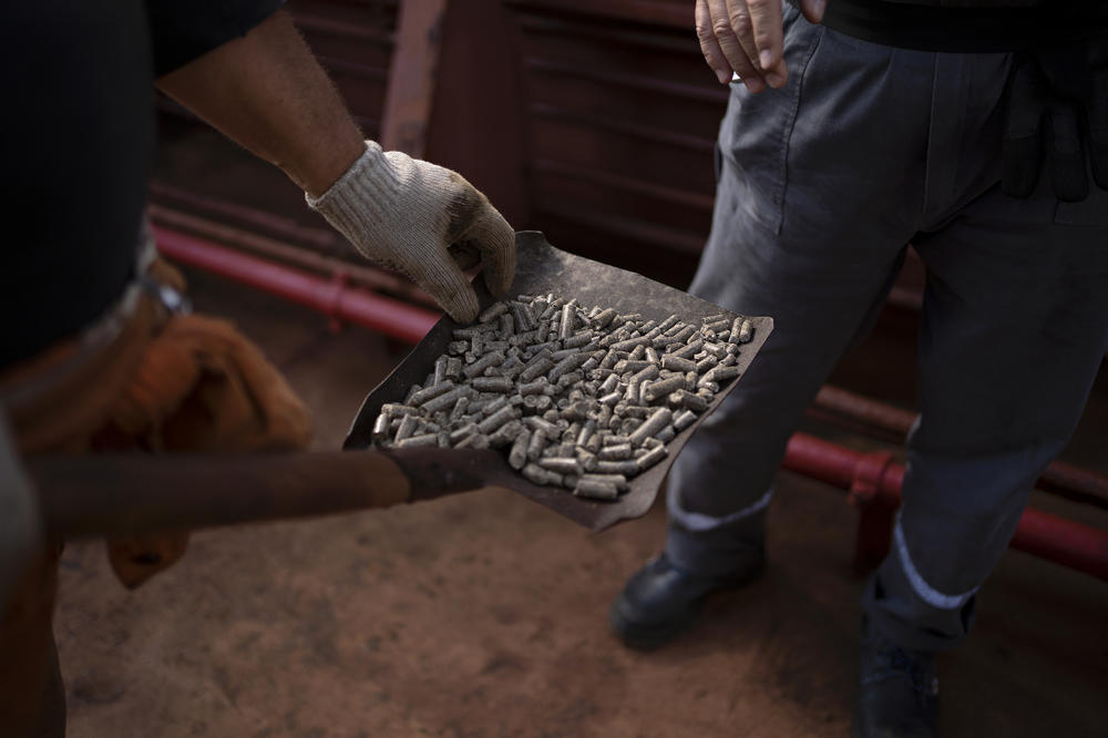 A crew member shows pieces of sunflower meal to U.N. inspector Shamil Berdaliev as they inspect the Tzarevich.