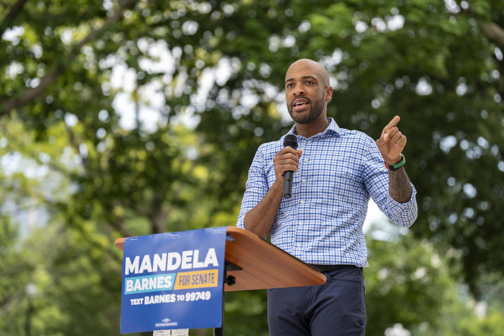 Wisconsin Lt. Gov. and Democratic candidate for U.S. Senate, Mandela Barnes, speaks to supporters at a rally outside of the Wisconsin State Capital building in July.