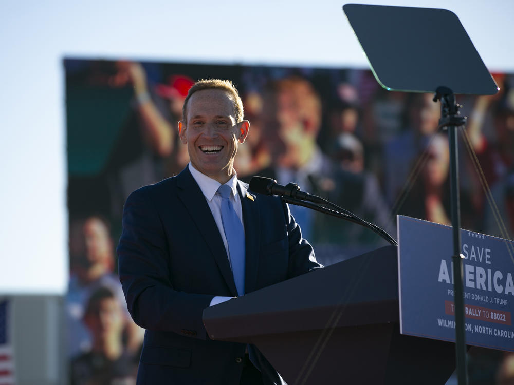 Representative Ted Budd speaks during a Save America rally for former President Donald Trump in Wilmington, N.C., in September.