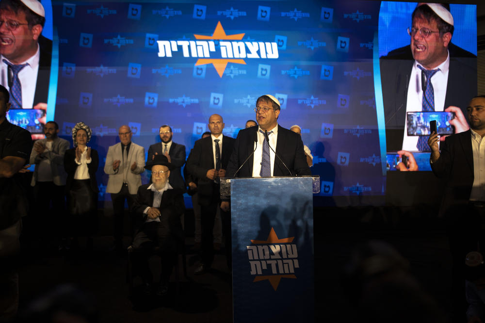 Itamar Ben-Gvir, leader of Israel's far-right Otzma Yehudit (Jewish Power) party, makes a speech in Jerusalem following the Israeli general elections on Tuesday.