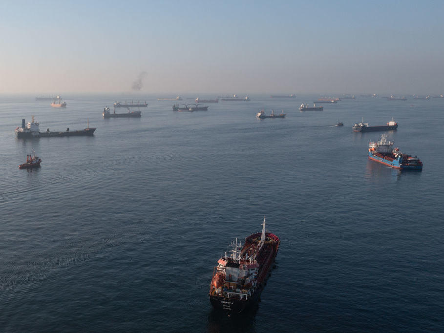 Ships, including those carrying grain from Ukraine and awaiting inspections, are seen anchored off the Istanbul coastline on Wednesday in Istanbul, Turkey.