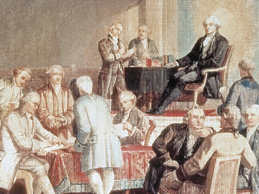 A disputed document by one of the delegates at the Constitutional Convention of 1787, depicted here in a painting by Thomas Rossiter, has been cited in a Supreme Court case about a once-fringe legal theory that could reshape federal elections.