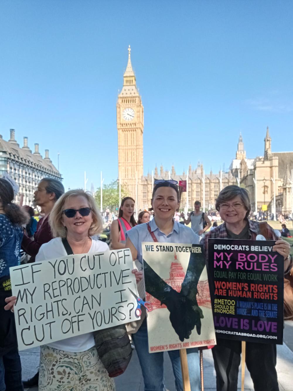 After the U.S. Supreme Court draft opinion on overturning <em>Roe v. Wade</em> was leaked, Carol Moore, right, marched in London from Parliament Square to the U.S. Embassy in protest.