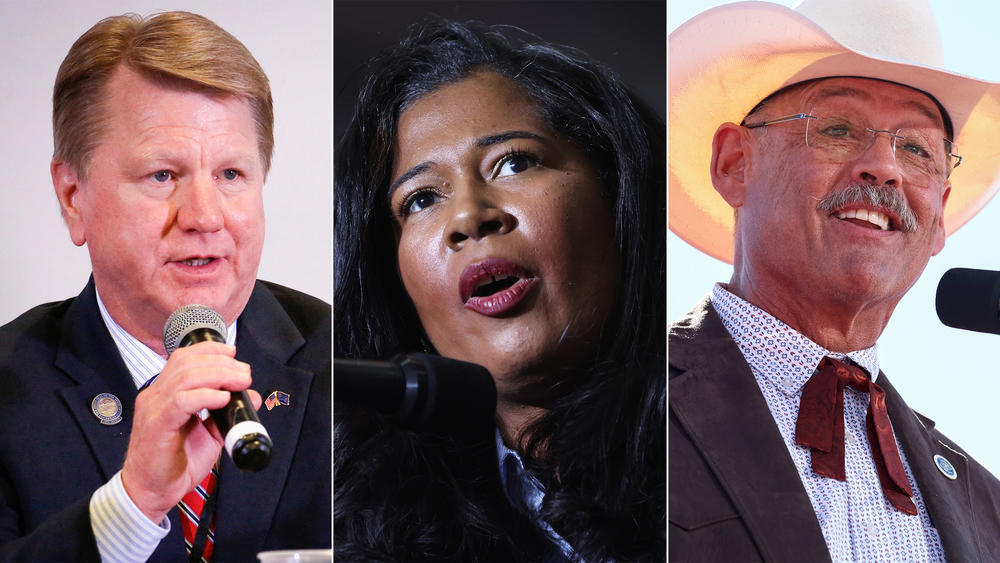From left to right: Republican secretary of state nominees Jim Marchant of Nevada, Kristina Karamo of Michigan and Mark Finchem of Arizona have all denied the legitimacy of the 2020 election.