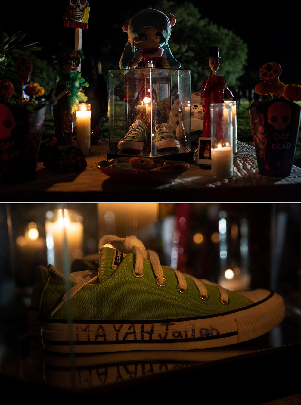 Maite Y. Rodríguez's shoes displayed on her altar at Hillcrest Memorial Cemetery.