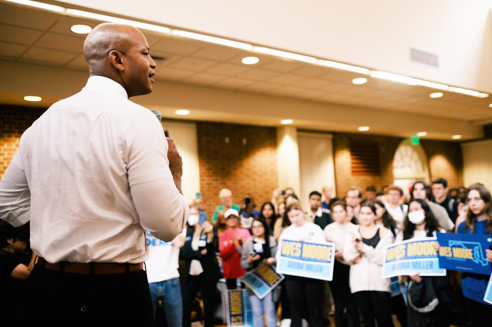 Wes Moore speaks in front of a crowd on the University of Maryland campus in College Park, Md., on Oct. 26.