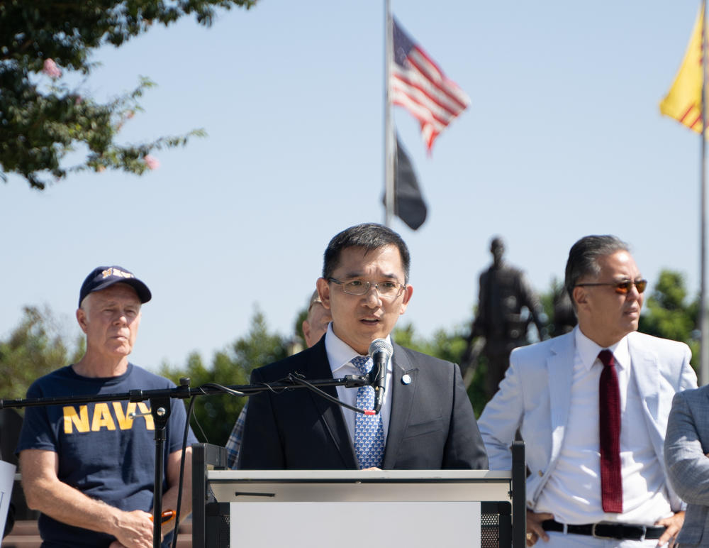 Chen speaks at a veterans' event for his campaign. A member of the U.S. Navy Reserves, he has been emphasizing his military credentials to more moderate and conservative Asian Americans — and how he cares about their homeland politics.