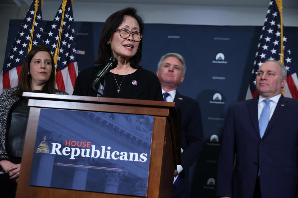 Rep. Michelle Steel (2nd L) talks with reporters during a news conference with (L-R) House Republican Conference Chair Rep. Elise Stefanik, Rep. Mike McCaul and House Minority Whip Steve Scalise following a House Republican caucus meeting at the U.S. Capitol Visitors Center on October 20, 2021 in Washington, D.C.