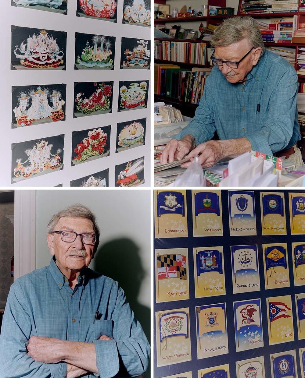 Brown organizes some postcards in his home.