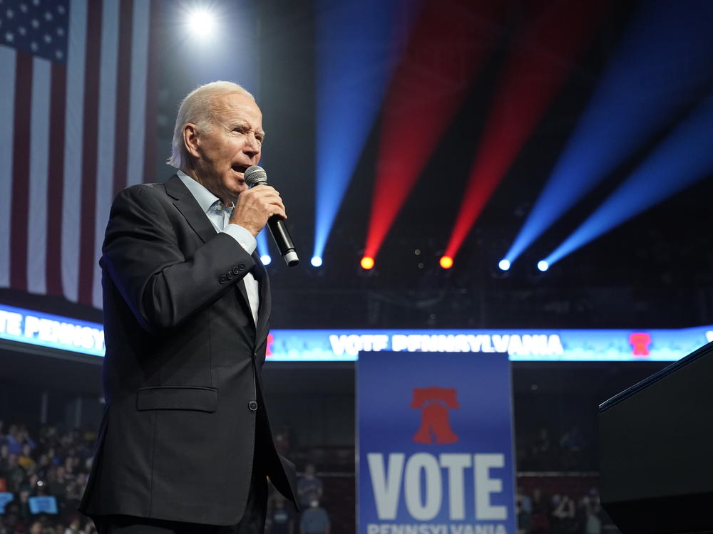 President Joe Biden speaks at a campaign rally for Pennsylvania's Democratic gubernatorial candidate Josh Shapiro and Democratic Senate candidate Lt. Gov. John Fetterman, Saturday, Nov. 5, 2022, in Philadelphia.