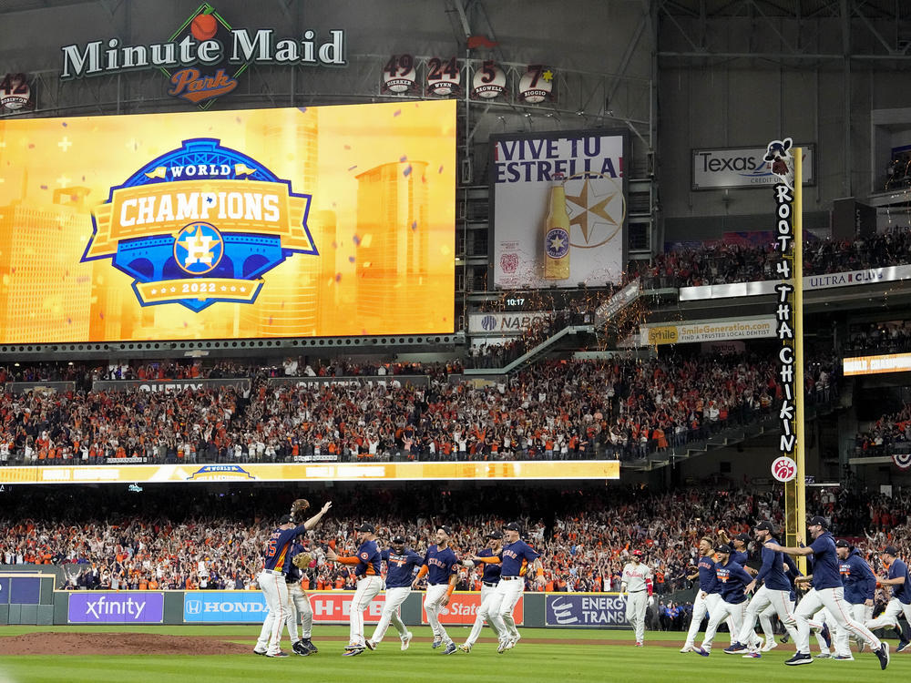 The Houston Astros celebrate their 4-1 World Series win against the Philadelphia Phillies in Game 6 on Saturday, Nov. 5, 2022, in Houston.