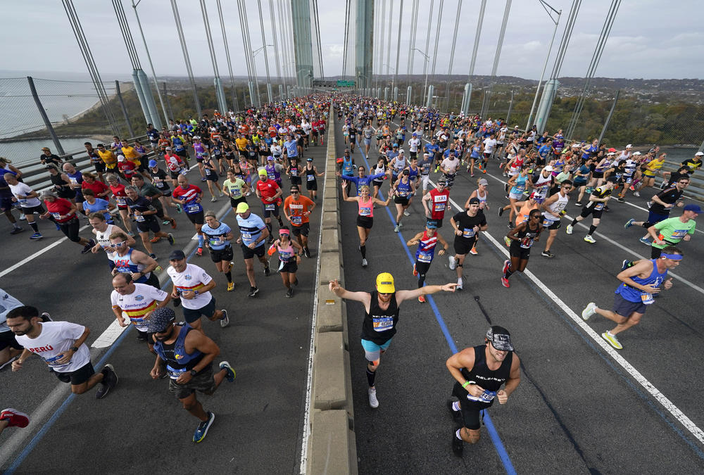 Runners cross the Verrazzano-Narrows Bridge at the start of the New York City Marathon on Sunday.