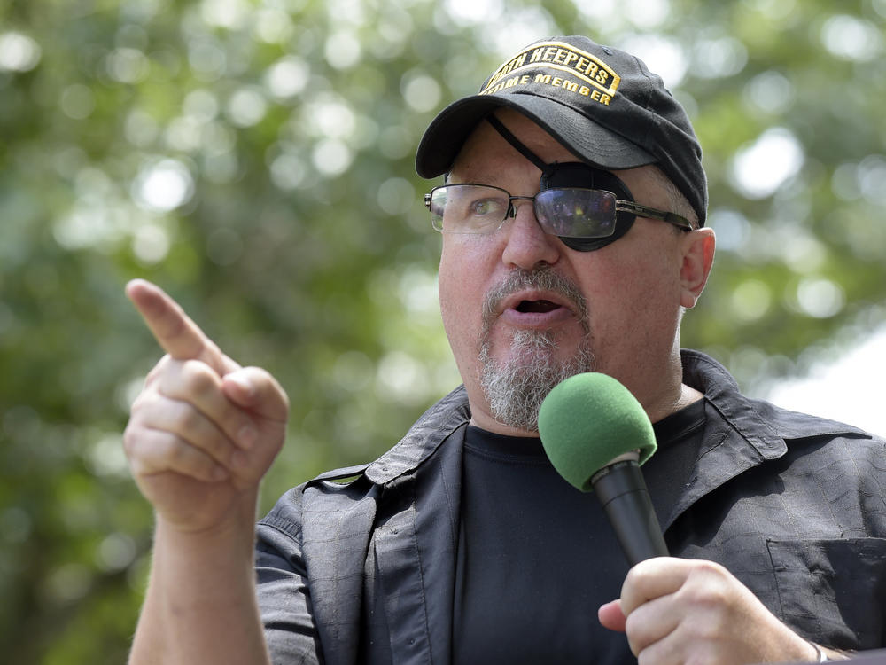 Stewart Rhodes, founder of the Oath Keepers, speaks during a rally outside the White House in 2017.