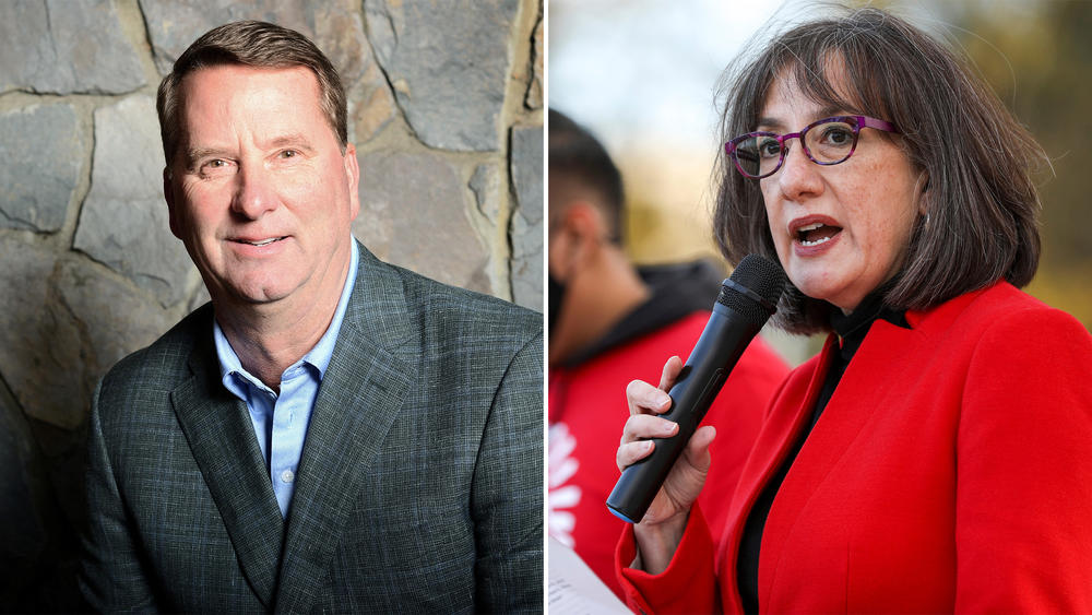 <strong>Left</strong>: Mike Erickson, a Republican candidate from Oregon, running for the U.S. House, appears in a photo provided Oct. 11. <strong>Right:</strong> Rep. Andrea Salinas, D-Lake Oswego, speaks at a PCUN rally to kick off a campaign for farmworker overtime on Nov. 16, 2021 at the Oregon State Capitol in Salem, Ore.