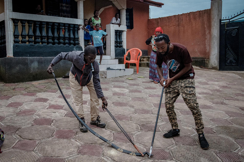 Herpetologist Alpha Baldé and snake catcher Naby Keita, both with the IRBAG, hold down a large forest cobra that was caught in the bedroom of a house after a family called for help.