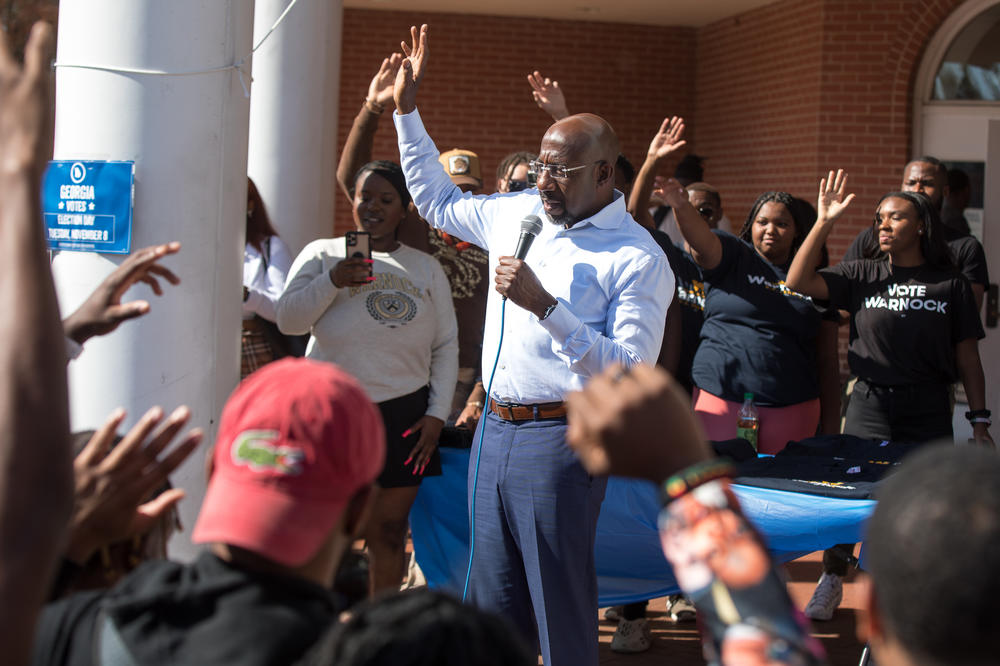 U.S. Sen. Raphael Warnock visits Morehouse College just hours before polls close on Election Day to encourage students to vote on Nov. 8, 2022.
