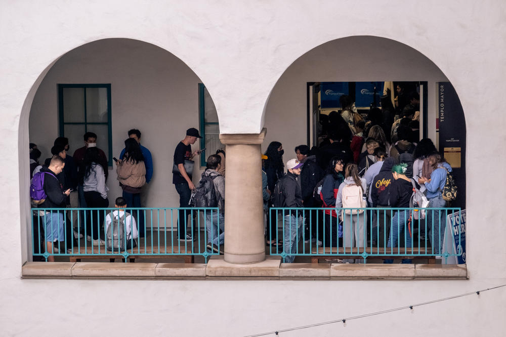 Students crowd into the on campus polling place at San Diego State University on Nov. 8, 2022.