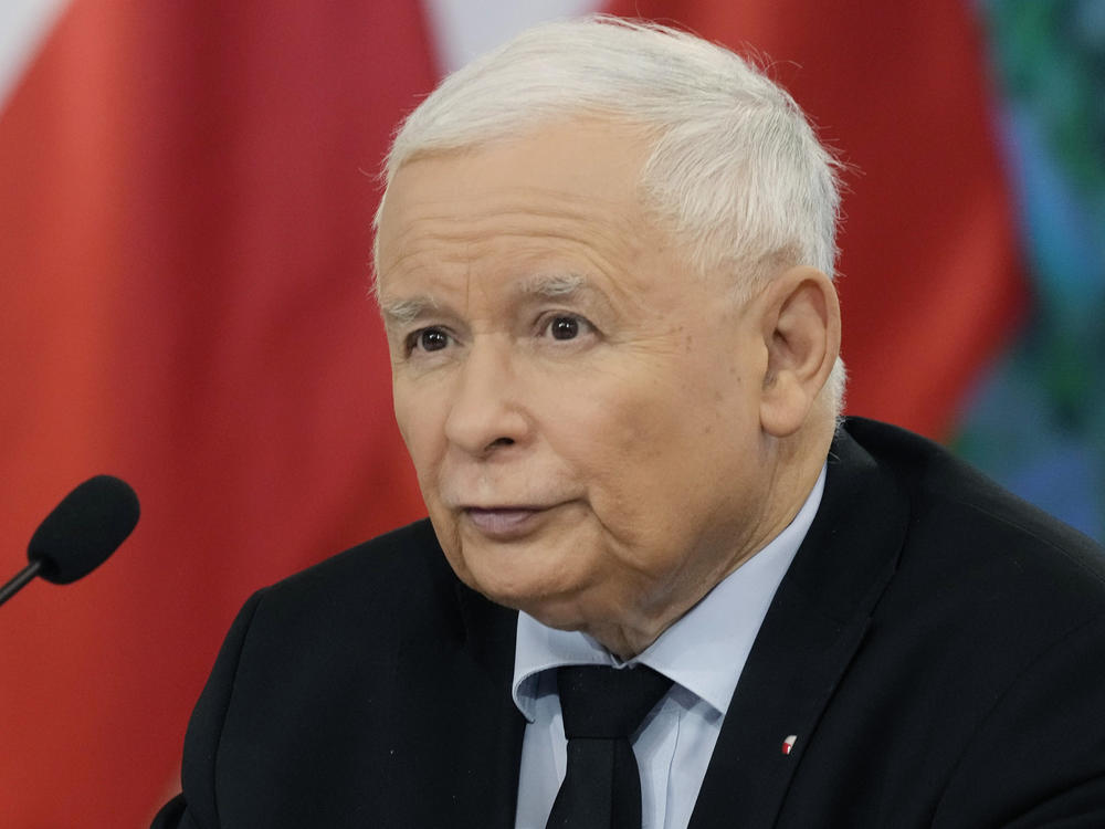 Jaroslaw Kaczynski, the head of Poland's ruling party Law and Justice, speaks at a news conference in Warsaw, Poland, on Tuesday Oct. 26, 2021.