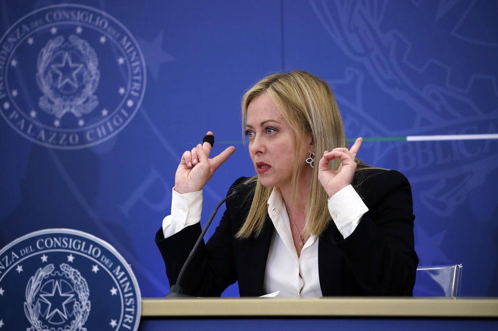 Italian Prime Minister Giorgia Meloni speaks at a press conference at the Council of Ministers at Chigi Palace in Rome on Friday.