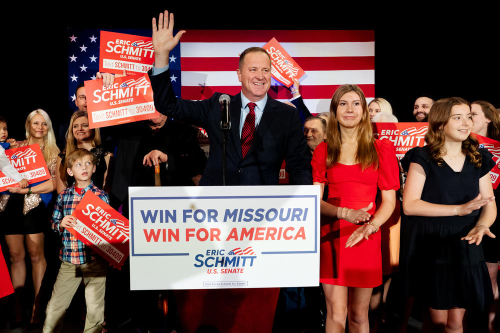Missouri Attorney General Eric Schmitt celebrates winning the state's open U.S. Senate seat on Tuesday, Nov. 8, 2022, at a Midterm watch party at the Westport Sheraton Chalet in Maryland Heights.