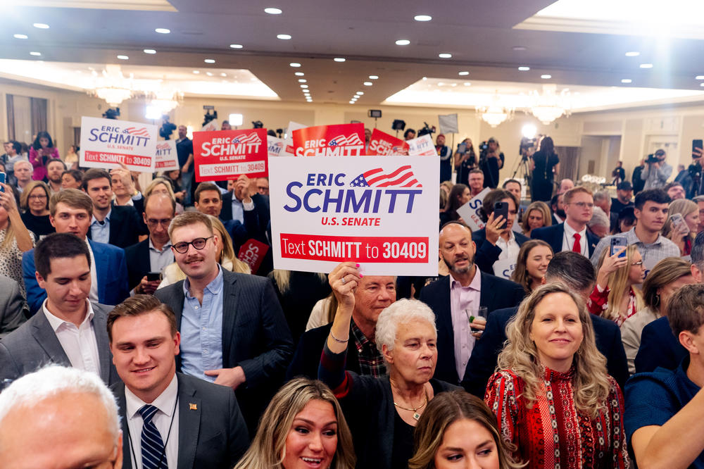 Attorney General Eric Schmitt supporters celebrate him winning the state's open U.S. Senate seat on Tuesday, Nov. 8, 2022, at a Midterm watch party at the Westport Sheraton Chalet in Maryland Heights.