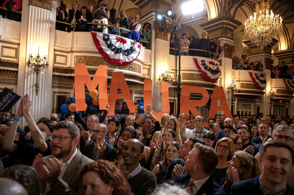 Healey supporters listen to their candidate's victory speech on Election Day evening at the Fairmont Copley Plaza.