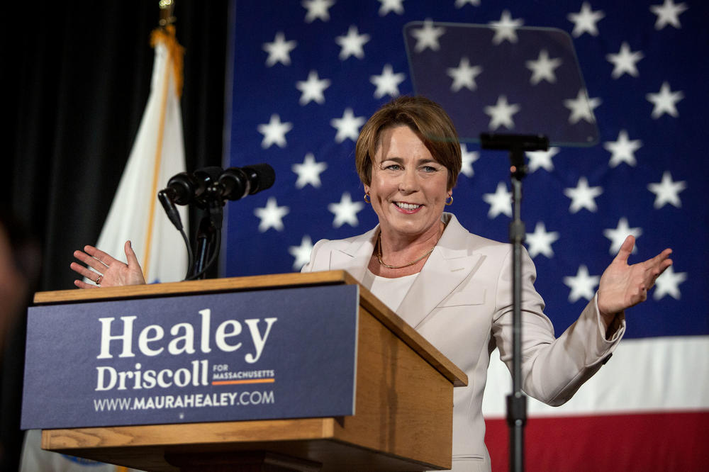 Maura Healey thanks her supporters on Election Day evening at the Fairmont Copley Plaza.
