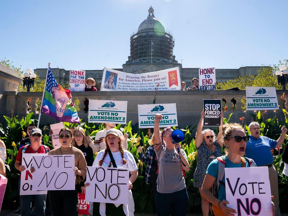 Kentucky voters have rejected an amendment that would have said the state constitution contains no right to an abortion. Earlier, people rallied on the steps of the Kentucky State Capitol in Frankfort to encourage voters to vote yes on Amendment 2, which failed.