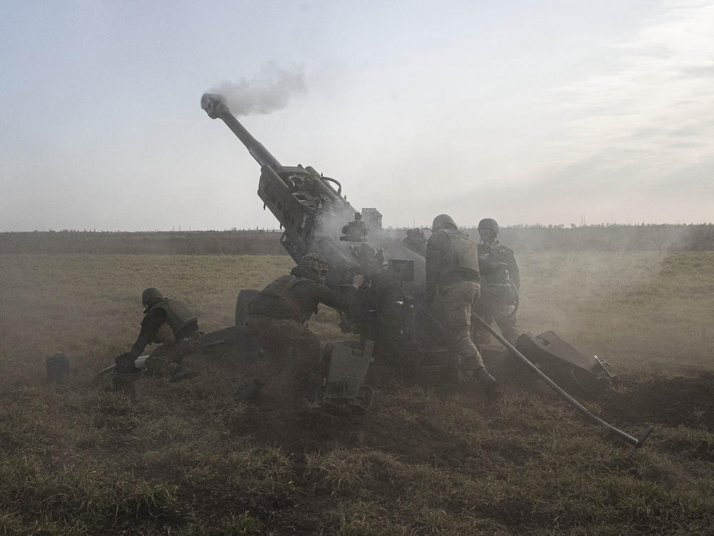 The Ukrainian  artillery battery of the 59th Mechanized Brigade fires a howitzer at points controlled by Russian troops in Kherson Oblast, Ukraine on Saturday.