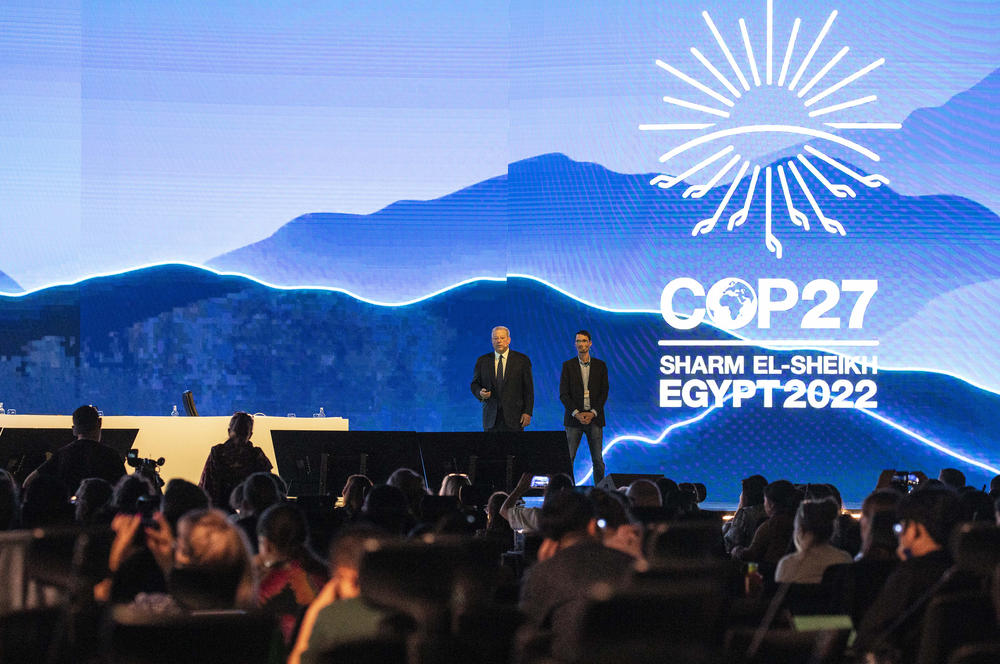 Former US Vice President Al Gore speaks during the TRACE Greenhouse Gas Inventory launch at the plenary hall during the 2022 United Nations Climate Change Conference COP27.
