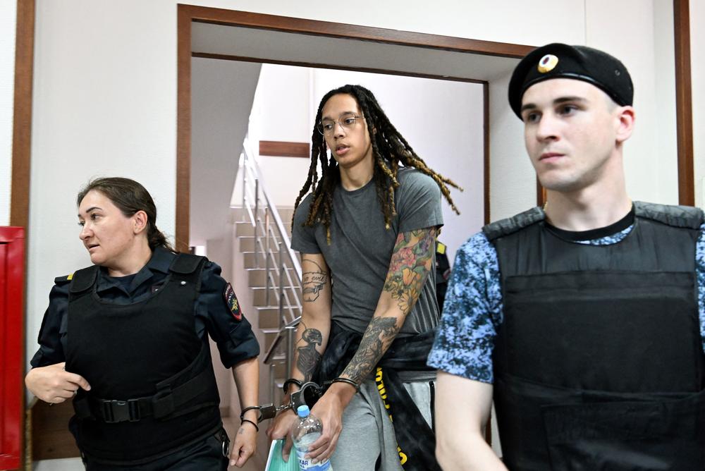 Brittney Griner arrives to a hearing at the Khimki Court outside Moscow on June 27.