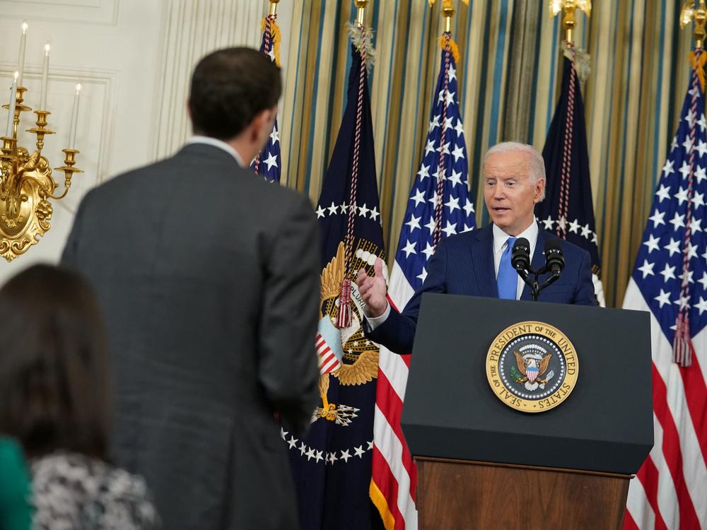 President Biden responds to a question from a reporter during a press conference the day after the midterm elections.