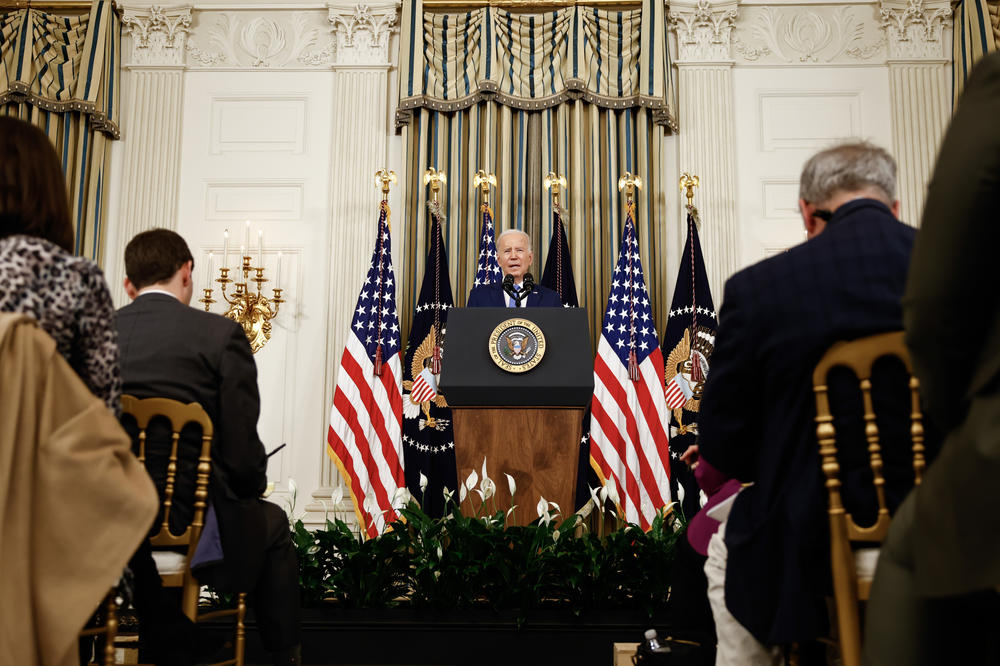 President Biden takes questions from reporters after delivering remarks at a press conference at the White House on Wednesday.