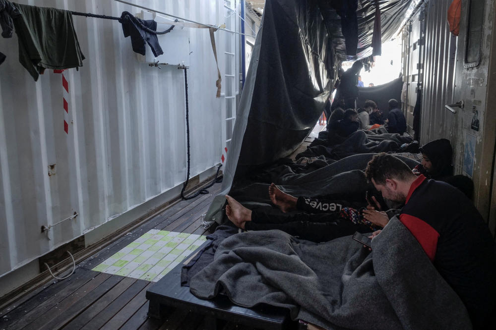 Migrants wait to disembark the rescue ship Ocean Viking, in the Mediterranean Sea on Thursday.