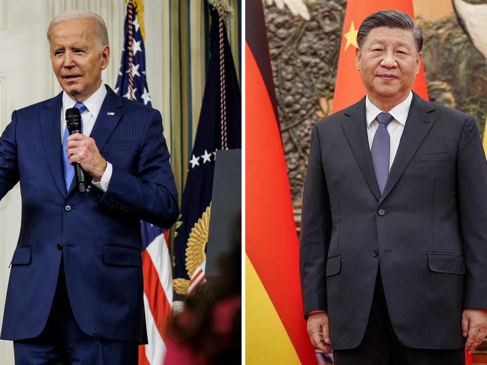 Left: U.S. President Joe Biden takes questions from reporters after he delivered remarks in the State Dining Room at the White House in Washington, DC on Wednesday. Right: Chinese President Xi Jinping at the Grand Hall in Beijing while welcoming German Chancelor Olaf Scholz on Nov. 4.