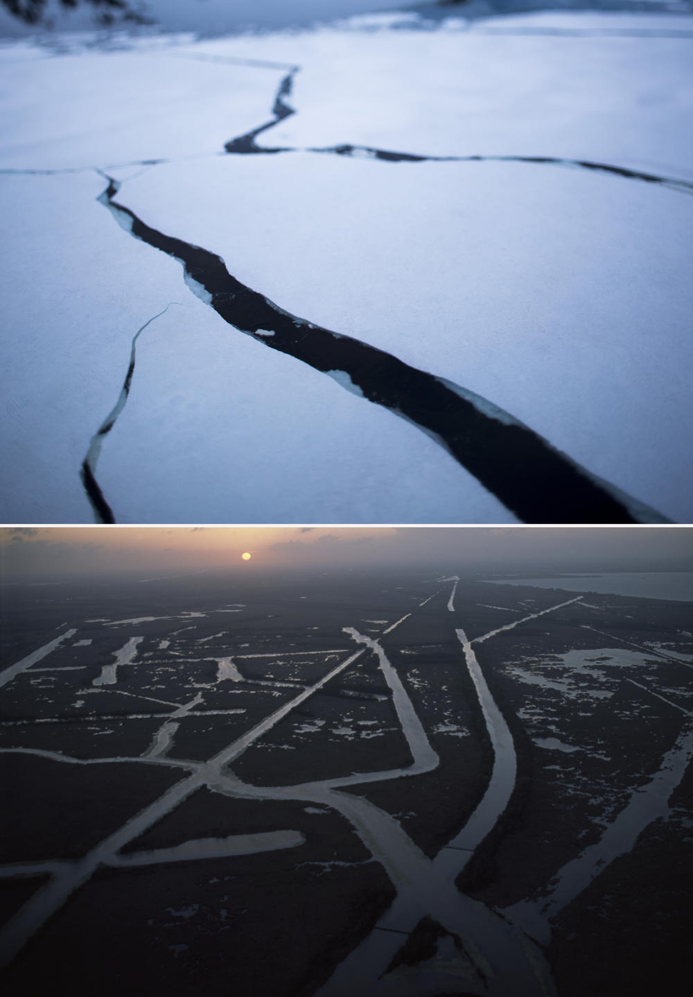 (Top image) Cracks in sea ice extend from the ship's bow in the Lemaire Channel of the Antarctic Peninsula in November 2017. (Bottom image) Oil and gas pipeline and exploration canals cut into the marshlands near Larose, La., in November 2006.