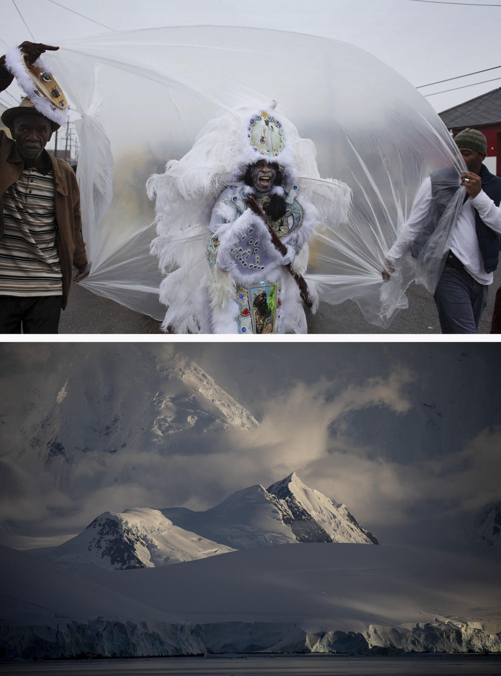 (Top image) Spyboy Al Polite of the Mardi Gras Indian tribe Fi Yi Yi walks through the streets of downtown New Orleans on Carnival Day, February 2013. (Bottom image) A view of the glaciers and mountains from the Gerlache Strait on the western side of the Antarctic Peninsula in February 2022.
