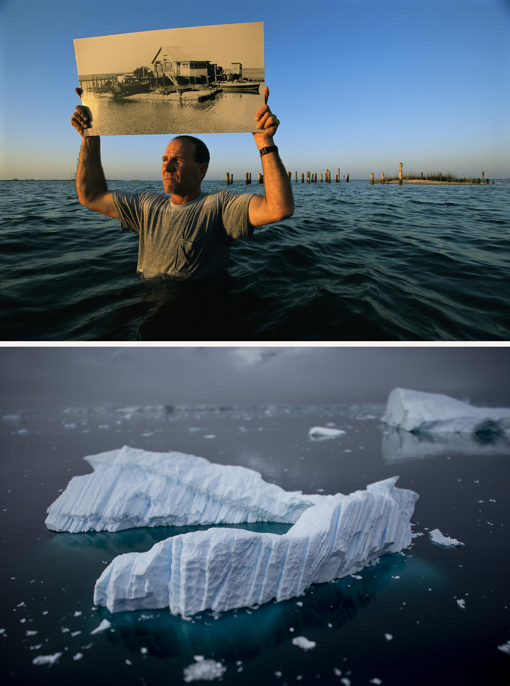 (Top image) Pete Vujnovich Jr. holds a photo of what was once his grandparents' home as he stands in that spot in the marshlands near Empire, La., in May 2004. (Bottom image) Icebergs float on the Lemaire Channel waters off the Antarctic Peninsula in January 2022. The increase in sea level rise from glacial runoff has the potential to overwhelm coastal regions around the world.