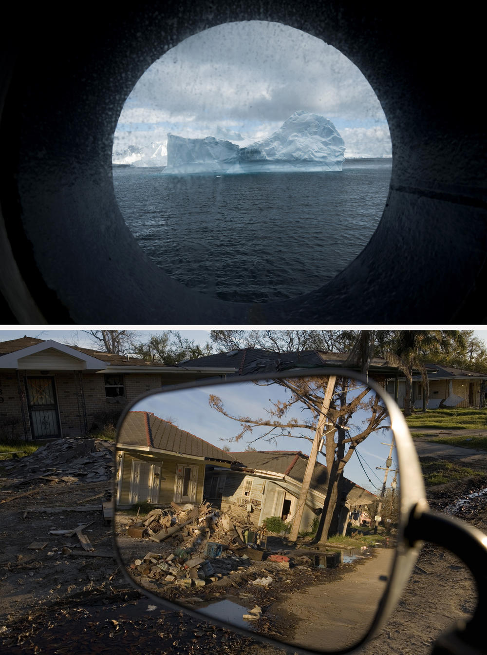 (Top image) An iceberg floats in Wilhelmina Bay on the west side of the Antarctic Peninsula in November 2017. (Bottom image) Flood-damaged homes in the Lakeview area of New Orleans in March 2006. More than 80% of the city was flooded by the Hurricane Katrina stormwaters. Sea level rise and super-charged storm surges put low-lying communities around the world at risk.