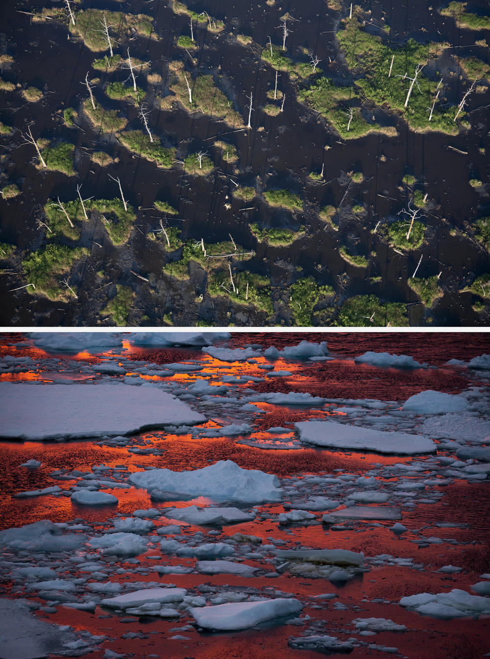 (Top image) A May 2006 aerial view of marshlands near Empire, La. Since the 1930s, the state has lost about 2,000 square miles of land, the highest rate of land loss in the United States. (Bottom image) The warm light of an Antarctic sunset bathes sea ice floating in the Lemaire Channel in January 2022.