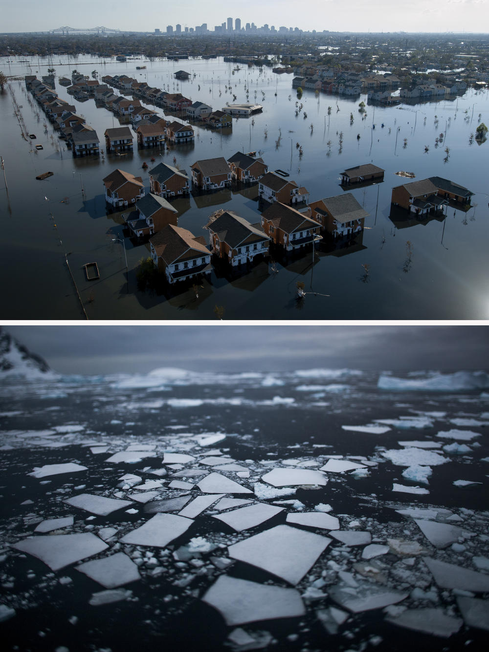 (Top image) A September 2005 aerial photo of a flooded New Orleans in the days following Hurricane Katrina. The storm's surge of floodwaters burst through levees, killing more than 1,800 people and flooding 80% of the city. (Bottom image) Fractured sea ice near the western coast of the Antarctic Peninsula in November 2017.